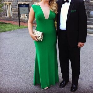 Elegant Green V-Neck Maxi Dress with Embellished Shoulders